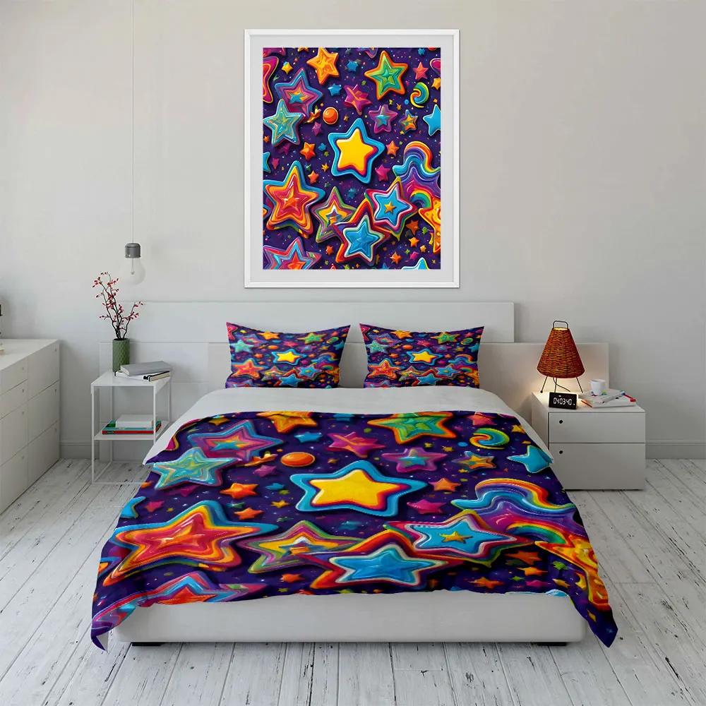 "Colorful Star Themed Decoration Set" Multiple Sizes Kid's and Adults' Bedroom Exquisite 3PC Bedding Set Gift