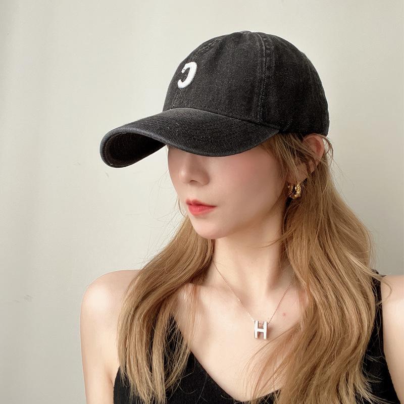 

Капелюх чоловічий та жіночий ретро м який верх літера C джинсова бейсболка весна та літо повсякденна вигнутий козирок, що відкриває обличчя, маленький сонцезахисний капелюх adjustable чорний