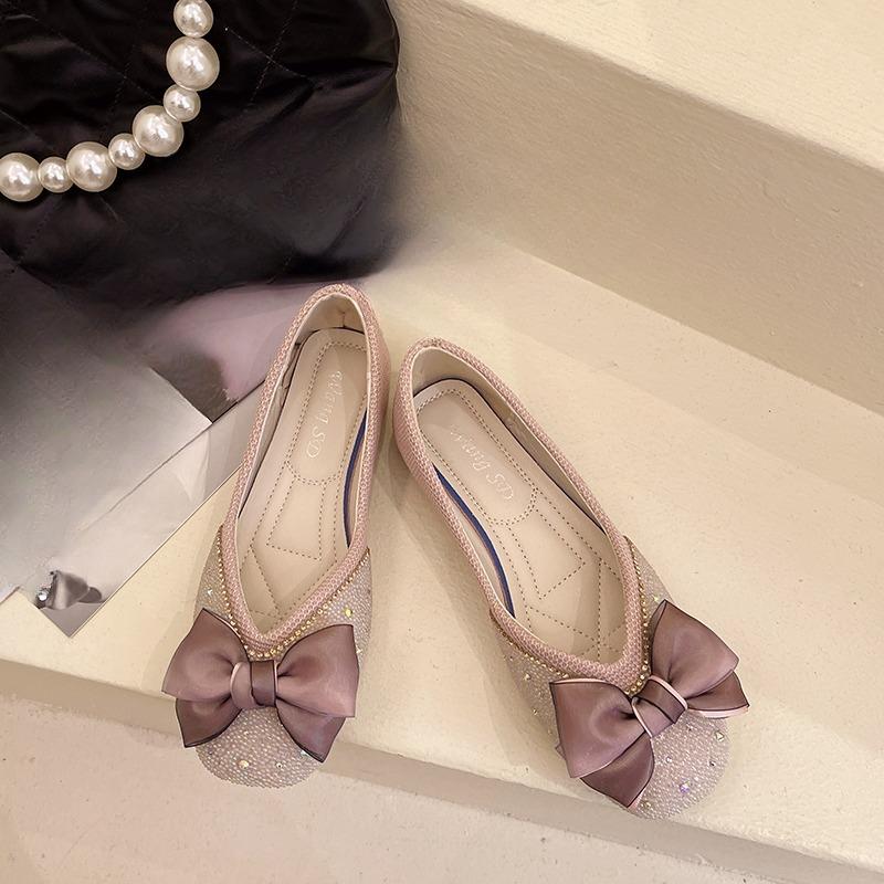 Bow Flats Autumn New Square Toe Shallow Mouth Rhinestone Slip-on Non-Slip Low-Top Single