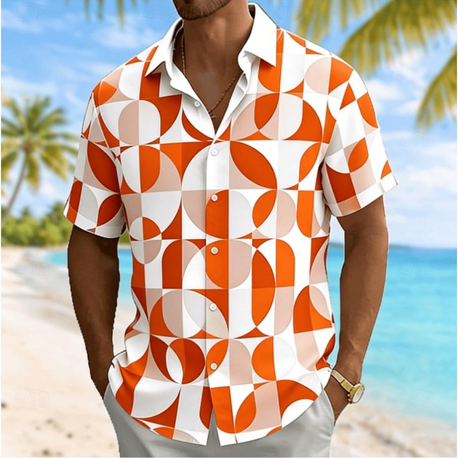 Hot Selling Men's Semi-circular Printed Short Sleeved Summer Casual Vacation Shirt, Loose Top