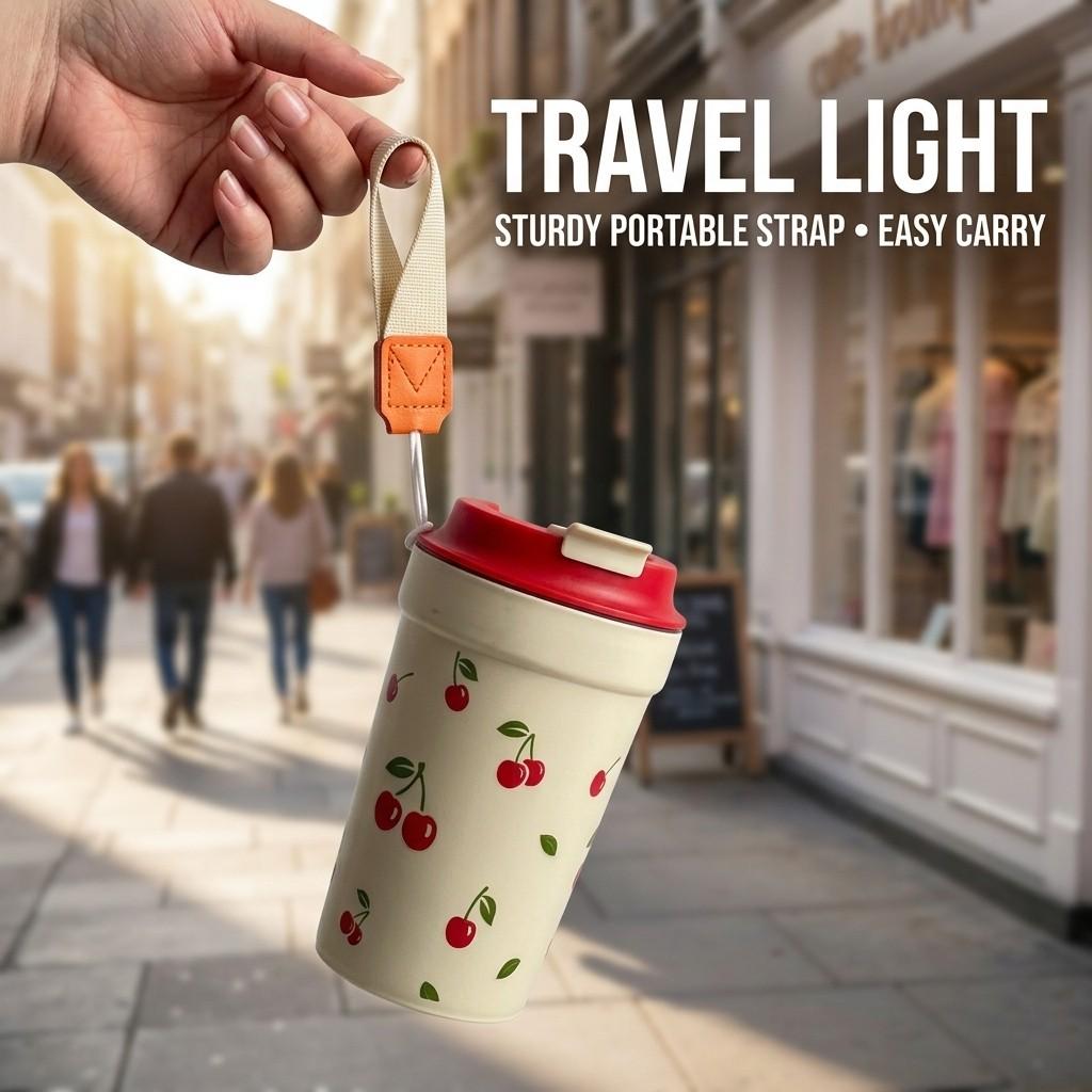 Kawaii Cherry Water Bottle Cute Travel Mug With Straw Leakproof Portable Coffee Cup Microwavable Plastic Tumbler For Girls