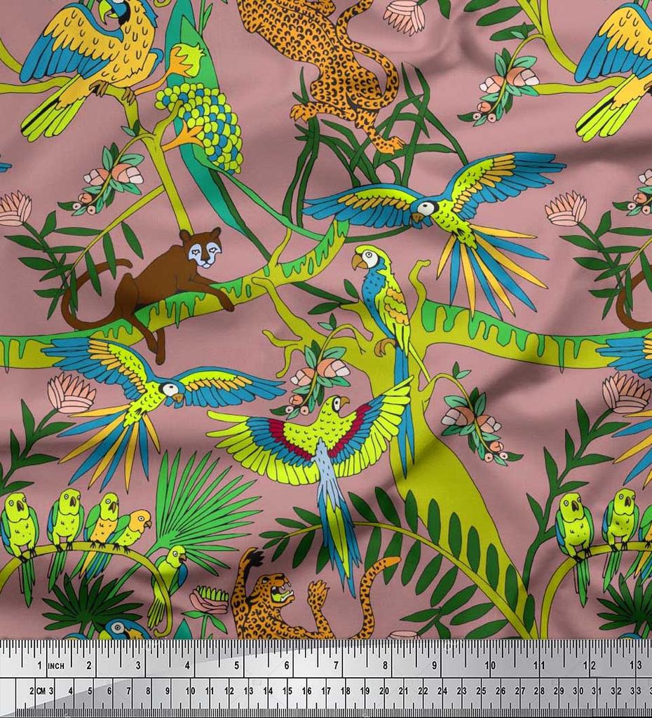 Soimoi Japan Crepe Satin Fabric Branches,Parrot & Leopard Jungle Print Fabric by the metre 42 Inch