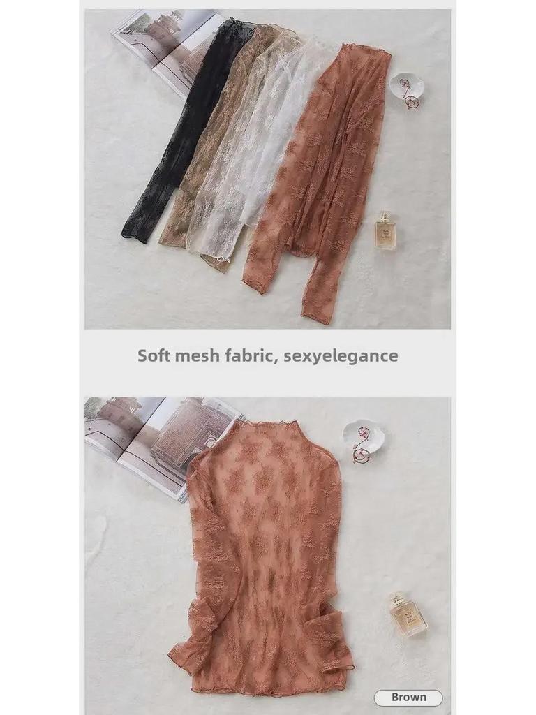 Four Seasons Lace Mesh Semi-High Neck See-Through Long Sleeve Korean-Style Blouse