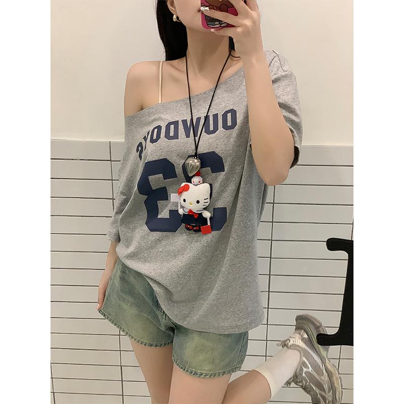 

American pure desire slanted shoulder off-the-shoulder short-sleeved T-shirt women s summer loose and simple style sweet Spice Girl relaxation top S