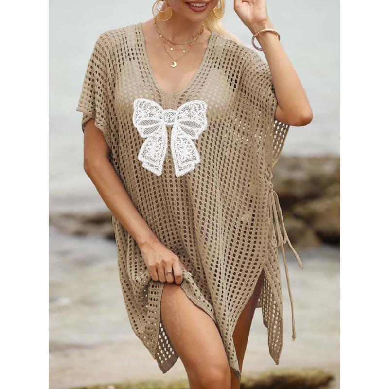 Plus Size Women's Lace Butterfly Splicing Woven Hollowed Out Beach Bikini Smock Dress