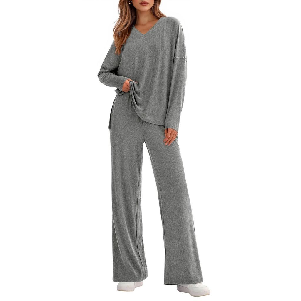 Fashionable Women's Two-Piece Cotton Casual V-Neck Long-Sleeved Loose Pants Set