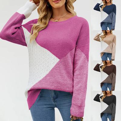 Suéter de malha feminino com bloqueio de cor e gola redonda personalizado, solto, plus size, pulôver para mulheres