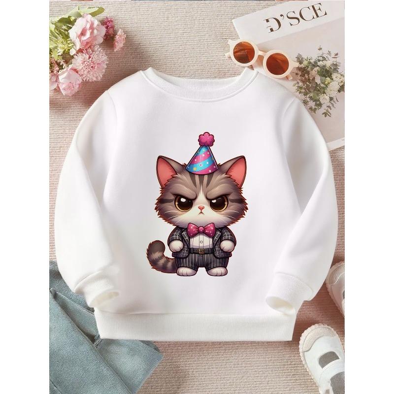 Kids Crewneck Sweatshirt, Chibi Cat Party Paws Cute Graphic Print, Soft Casual Long Sleeve Pullover 110 белый