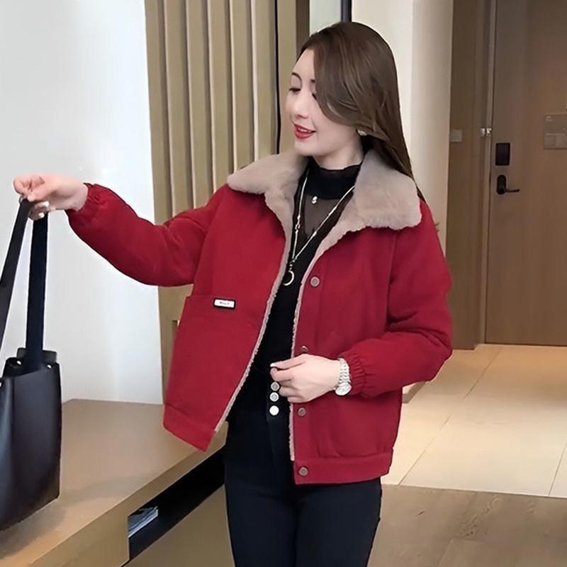 Dame Kordfløyelsjakke Vinter Fortykket Fleecefôret Løs Mote Slankende