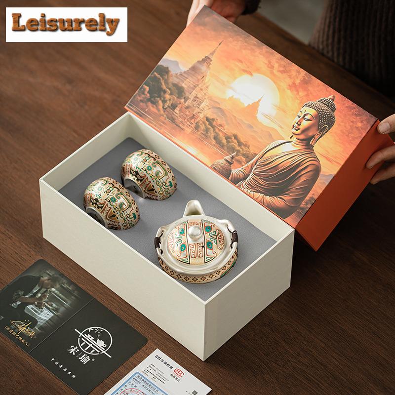 Vergoldetes Silber Völlerei Muster Tee-Set Komplettset Zen Teezeremonie Set Teebereiter Teekanne und Teetasse Set Chinesisches Tee-Set Geschenk