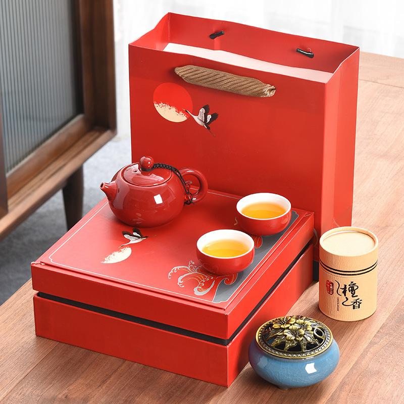 Black Pottery Kung Fu Tea Set Coarse Pottery Tea Set Company Gift Set One Pot and Four Cups with Fragrant Gift
