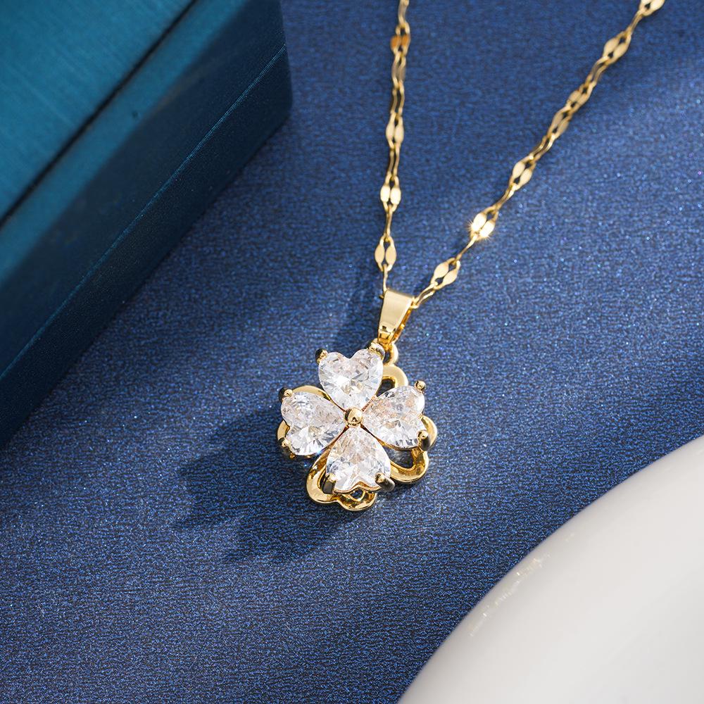 Titanium Steel Diamond Four-Leaf Clover Pendant Necklace - Light Luxury Valentine's Day Edition.