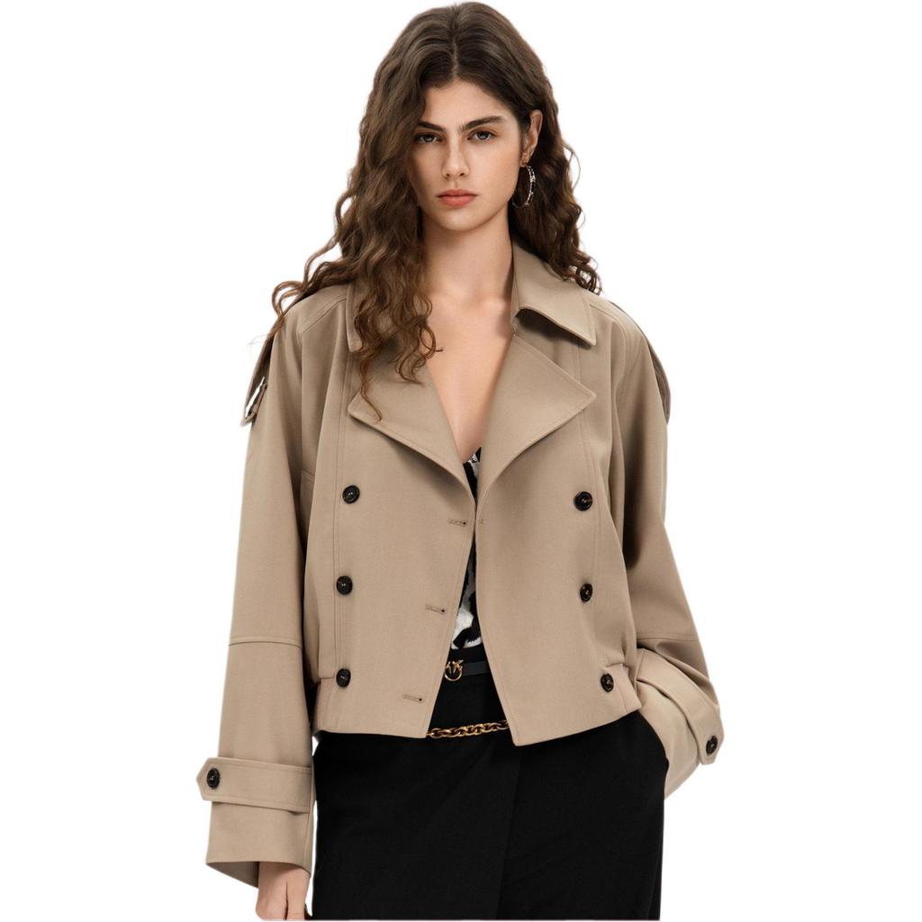 PINKO Chic Double-Breasted Shoulder Epaulet Design Casual Lapel Short Trench Coat Women outerwear Pink PAF253328041
