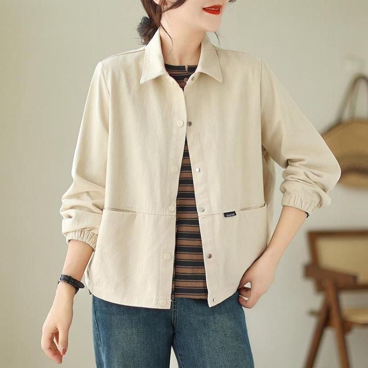 Baumwolljacke für Damen im koreanischen Stil, vielseitig, locker, schlankmachend, lange Ärmel, einfarbig, Umlegekragen