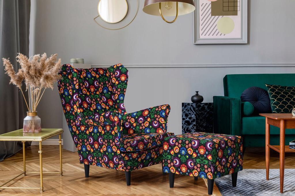 Fotel uszak ARI PRINT z podnóżkiem skandynawski Family Meble niebieski