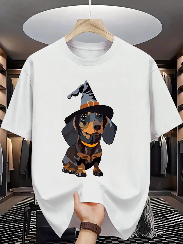 Witch Hat Long Legs Dog Graphic T-Shirt Cotton Casual Crew Neck T-Shirt Oversized T-Shirt Halloween Summer Fashion Print Shirt