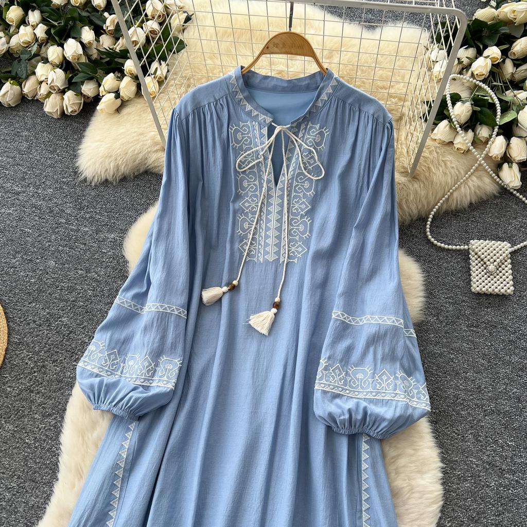 Schickes Vintage Langarm Locker Schlank Elegant Fee Koreanische Mode Boho Sommerkleid Damenbekleidung Langes Kleid
