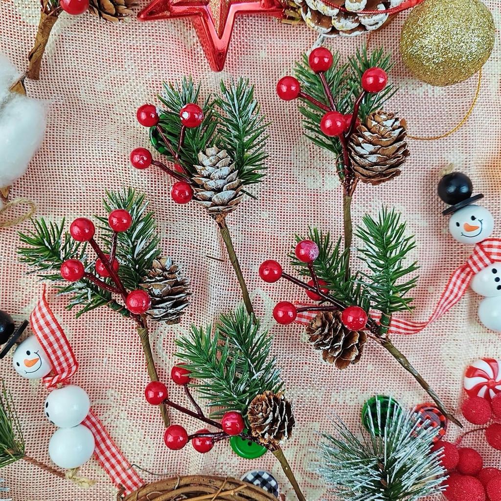 RONYOUNG 20PCS 4.5inch Red Berry Stems Pine Branches Evergreen Berries Décor Artificial Pine Cones Branch for Christmas Craft Wreath Pick & Winter