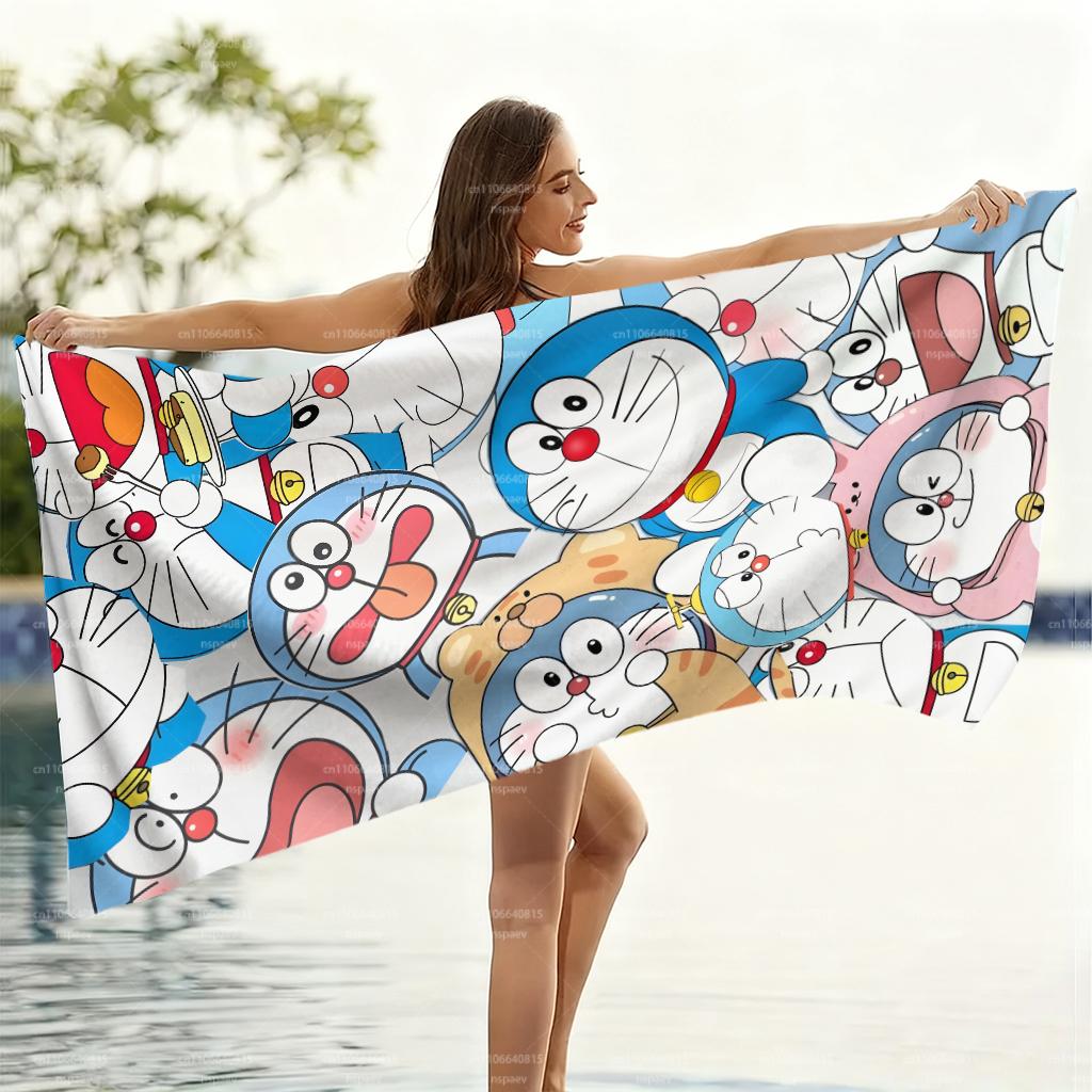 Doraemon Collage Beach Towel, Cute Multi Expression Cartoon Quick Dry Microfiber Swim Towel for Kids Adults Travel