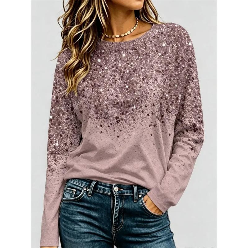 3D Casual Color Printing Casual Long SleeveFashion Women's Crew Neck Long Sleeve Crew Neck T-Shirt