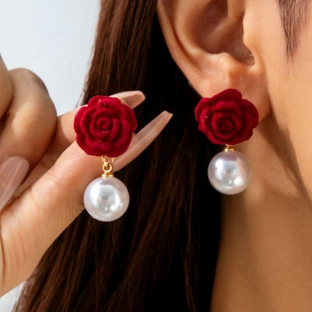 Bowknot Wine Red Bow Drop Earrings Pearl New Year Earrings Elegant Red Velvet Bow Earrings Girl