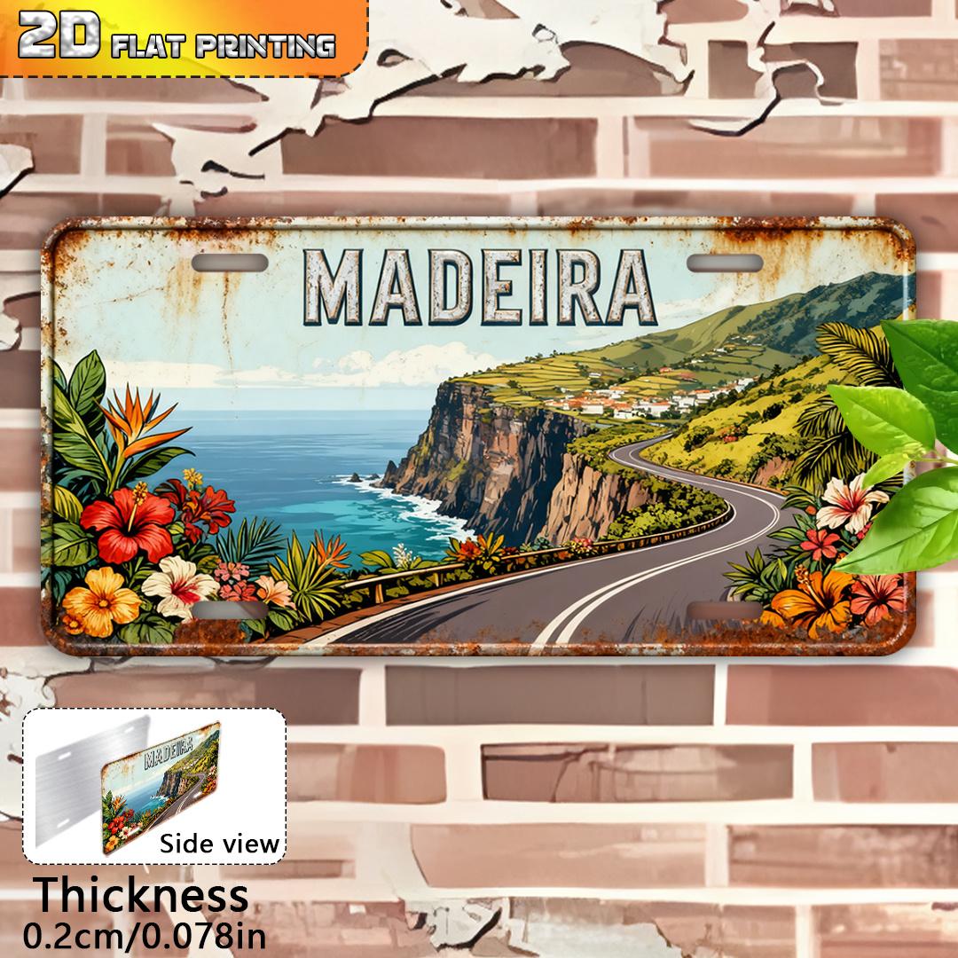 

D Flat Printing Винтажная MADEIRA с Дорогой вдоль Прибрежного Утеса Тропические Цветы Иллюстрация Алюминиевая Жестяная Картина Номерной Знак 15x30cm(5.9x7.8inch)