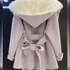 Rosa Kapuzenmantel Damen Herbst Winter Wollmantel Pelzmantel Duftender Wind Hochwertig Leicht Kurz Kragen