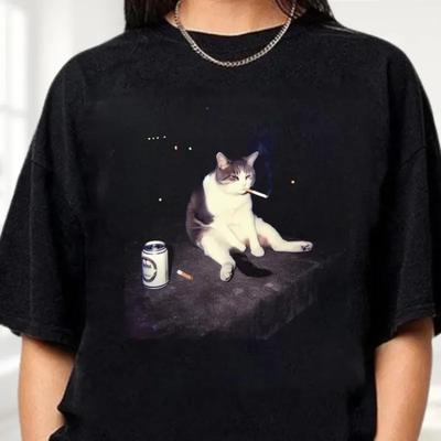 Camiseta Meme Divertido Gato Fumando Algodón Lavado Camiseta de Moda para Hombre y Mujer Estampado Hip Hop Top de Calidad Ropa Urbana Oversize Casual