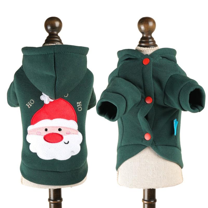 Pet Hooded Sweatshirt With Embroidered Green Santa Design Small Dogs Cats Winter Holiday Apparel