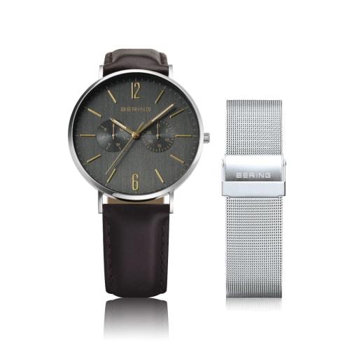 BERING Men's & Women's (Unisex) Watch, Japan Exclusive, Brown Calf Leather & Silver Stainless Steel with Mesh Strap, Sapphire Crystal, Changes 14240-0