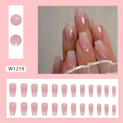 Unghie finte lunghe pressate sulle unghie quadrate, copertura completa sulle unghie, design con cambiamento graduale, extra lunghe con colla da 2 ml