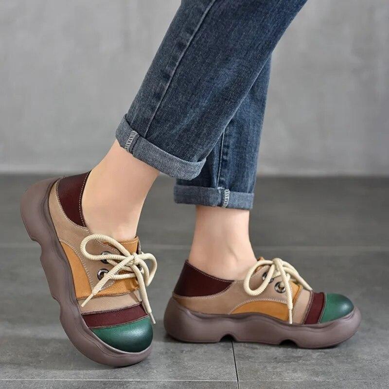 Johnature Genuine Leather Lace-up Thick Soled Shoes Retro Mixed Colors Round Toe Women's Flat Shoes