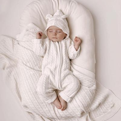 Baby Hooded Knit Cable Romper with Ear Hat for Autumn & Winter - Unisex, Long Sleeve