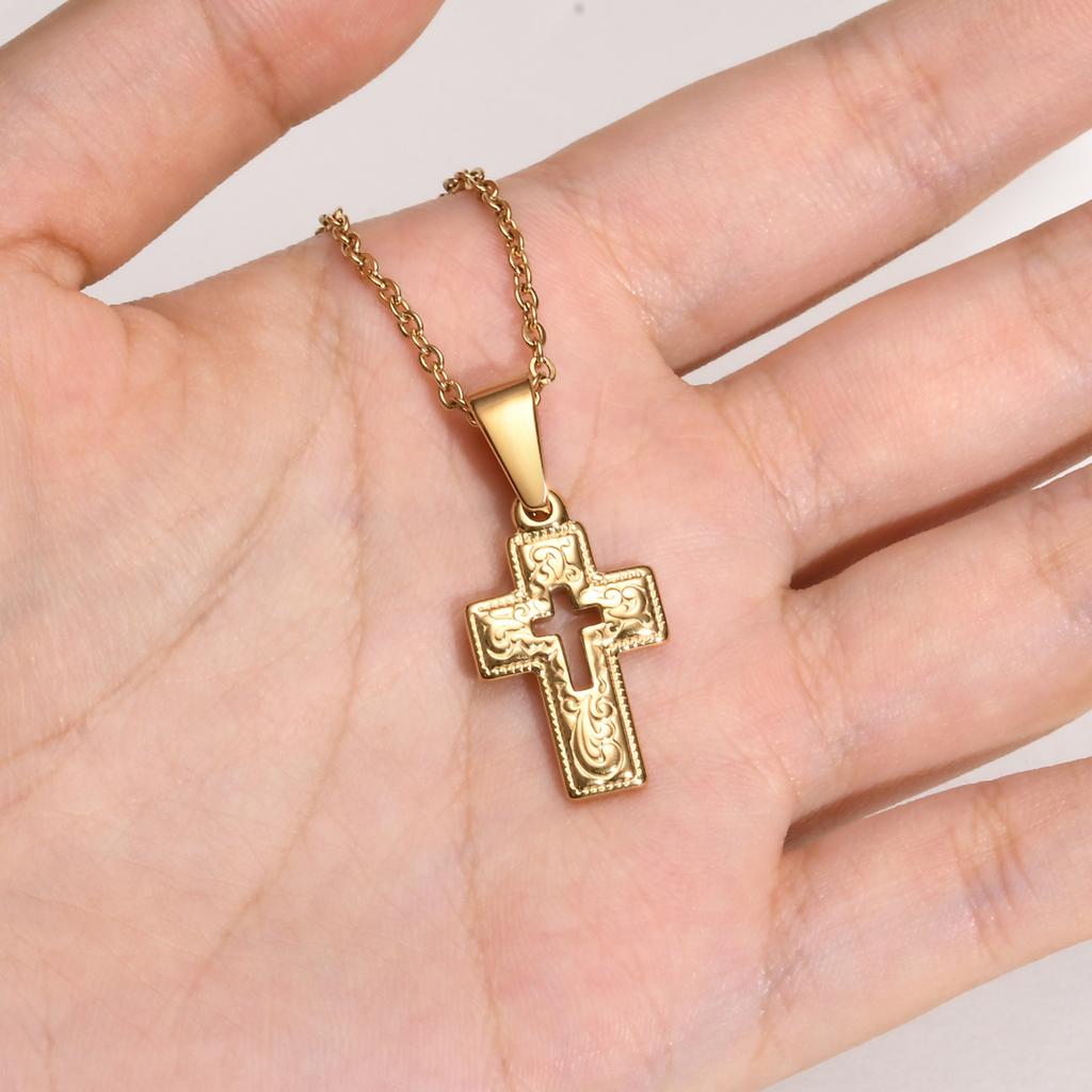 Gold Color Embossed Cross Necklaces for Men Women,Simple Cutout Unisex Catholic Cross Pendant,Christian Religious Jewelry Gifts