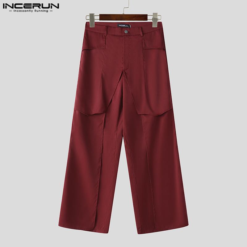 INCERUN Men Zipper Up Layers Patchwork Casual Long Straight Pants Trousers