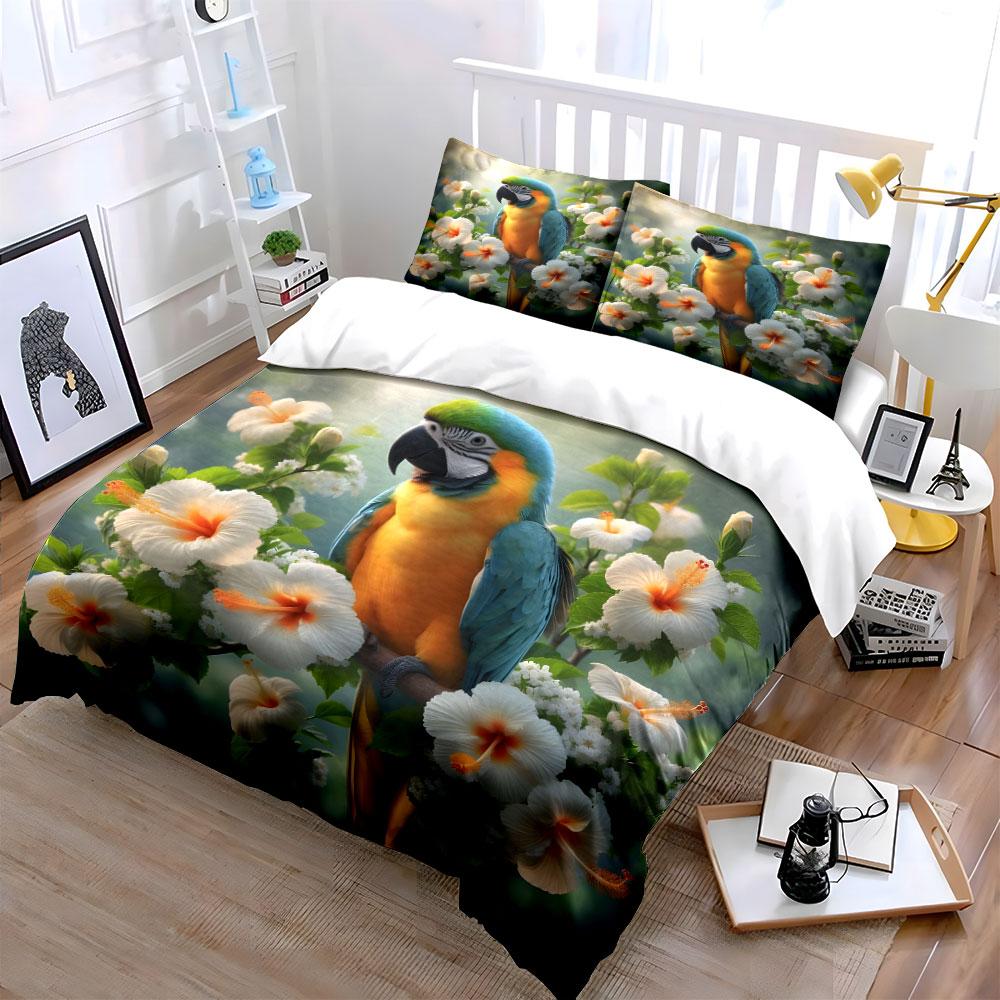 Parrot perched among vibrant flowers Print Soft Comfortable Duvet Cover Bedding Set Included 1*Duvet Cover 2*Pillowcases