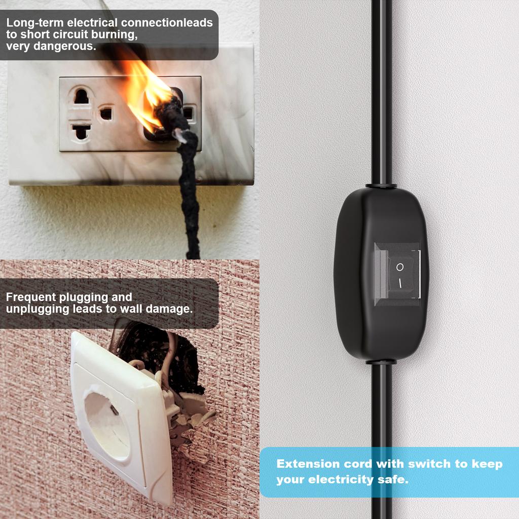 Extension Cord with On/Off Switch Flat Plug Heavy Duty Power Cord 16AWG/13A 3 Prong Extension Power Cable