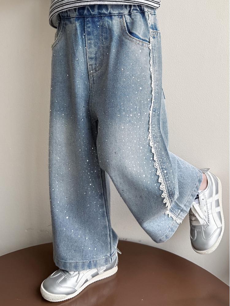 Girls' Rhinestone Lace Denim Pants - Spring/Autumn 2026: Stylish Wide-Leg Fashion for Little Girls