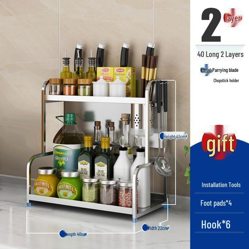 Stainless Steel Multi-layer Kitchen Rack: Spice, Knife Holder & Storage