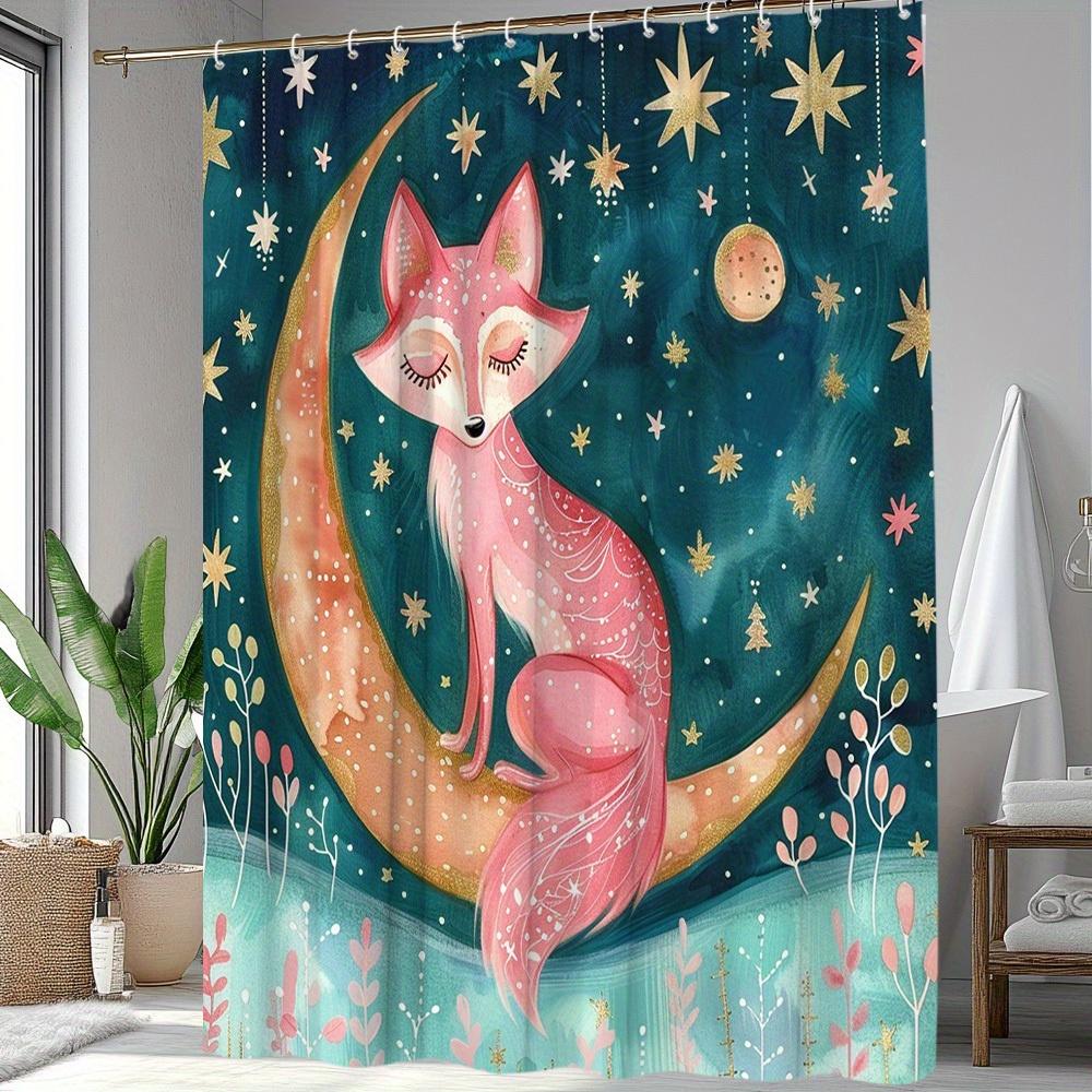 1Pc Enchanting Fox & Starry Night Shower Curtain - Fantasy Medieval Style, Washable Polyester Fabric With 12 Hooks,