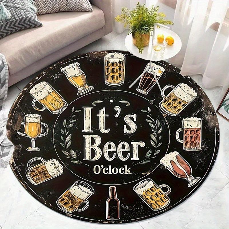 Funny Beer O’Clock Round Rug Flannel Soft Man Cave Bar Game Room Decor Non Slip Washable Brewery Themed Floor Mat Gift Idea