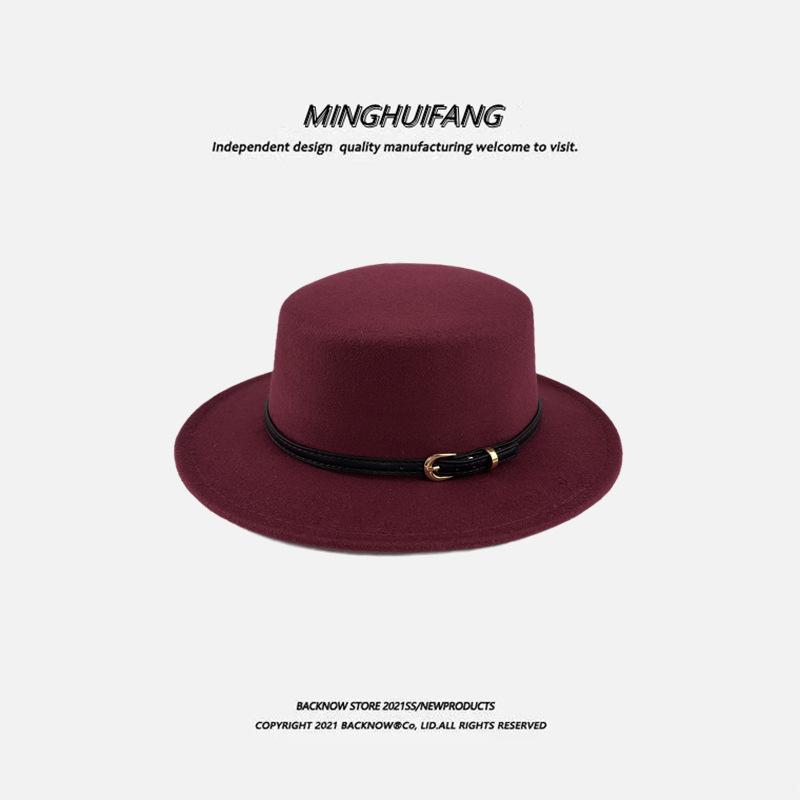 Autumn and winter British European and American style belt buckle flat top top top hat men's and women's wide brim sunshade retro woolen black ja
