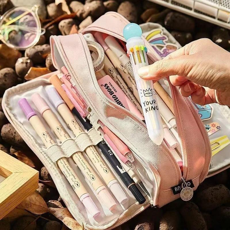 Kawaii Pencil Case Large Space Storage 3 Compartment Pouch Double Side Opened Student Stationery Desk Organizer School Supplies