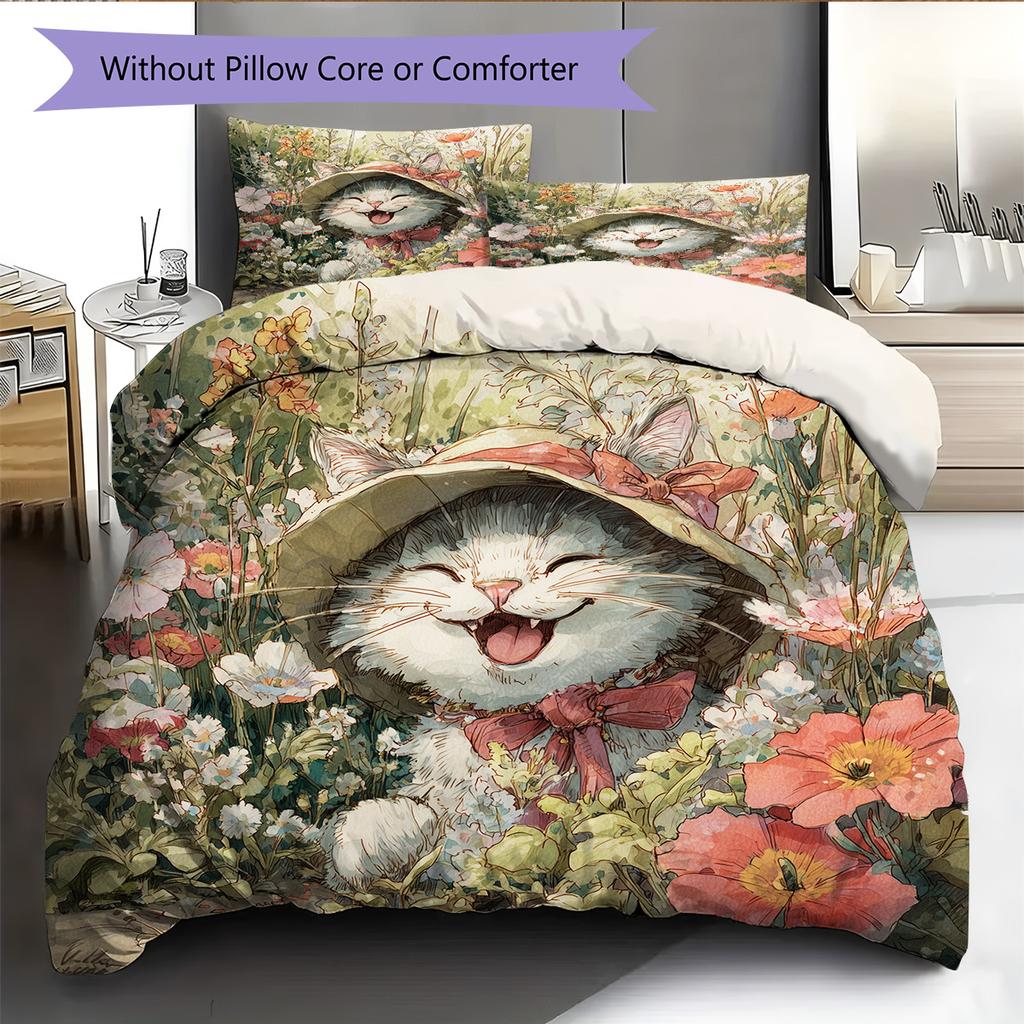 Set Copripiumino Trapuntato con Fantasia Gatto con Cappello Vintage Decorazione per la Casa Regalo (1 * copripiumino + 2 * federa, senza nucleo)