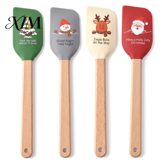 Butter Spreading Scraper Silicone Spatula with Wooden Handle, Christmas Tree/Snowman/Santa Claus/Elk Pattern Baking Accessories for Home Decor,