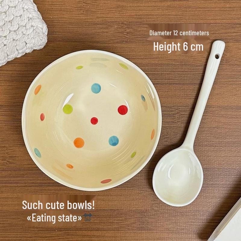 ZISIZ Polka Dot Ceramic Rice Bowl & Spoon Set (2-Pack)