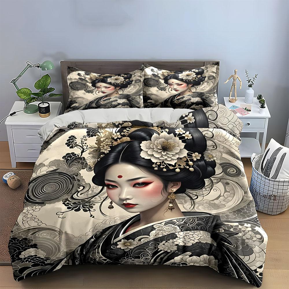 Set Decorazione Geisha Giapponese Tradizionale Morbido Confortevole Copripiumino Set Biancheria da Letto Incluso 1*Copripiumino & 2*Federe, Regalo