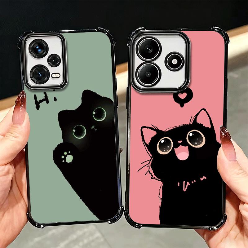 Black Cat Cartoon Cute Plating Phone Case For Xiaomi Redmi Note 14 15 Pro Plus 13 12 11 11S 11T 10 9S 9 5G Anti-Fall Airabag Cov