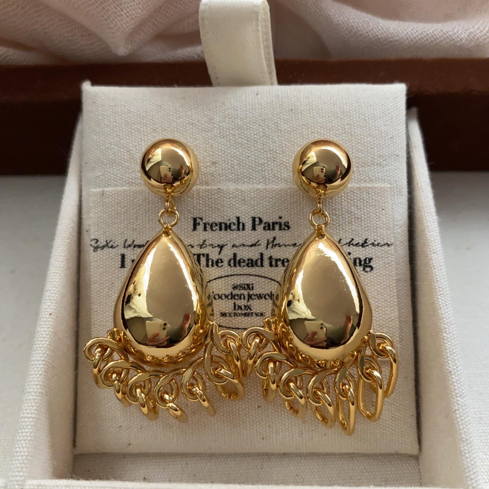 

Classic simple gold water drop earrings, earrings, high-end chain tassel fashionable atmosphere mirror high-gloss earrings women