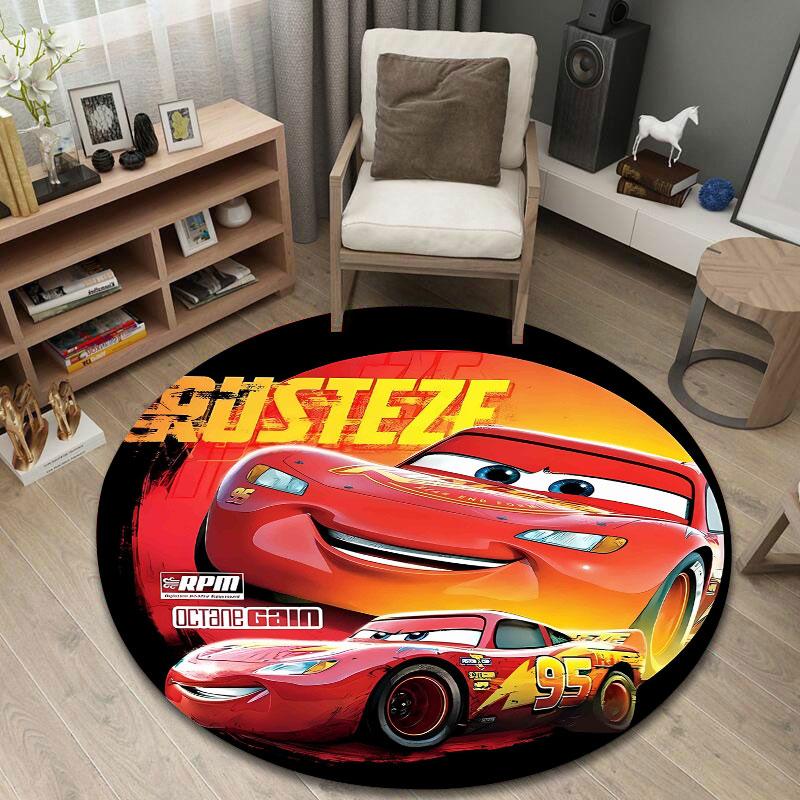 Lightning McQueen Cars Racing on Rust-eze RPM Livery Round Rug, Red Racing Cartoon Style Design, Piston Cup, Soft Non-Slip Washable Area Mat